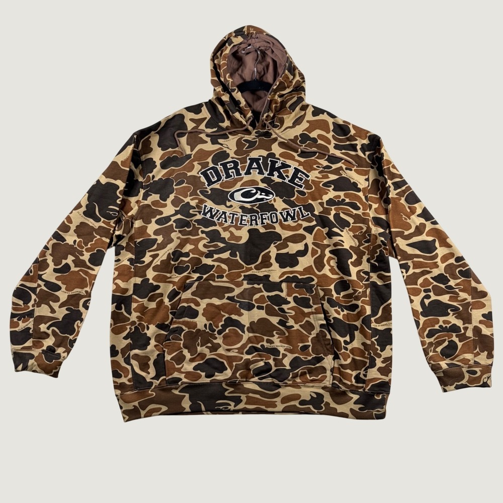 Drake Waterfowl Old School Camo Hoodie Mens XL Brown Duck Hunting Pullover